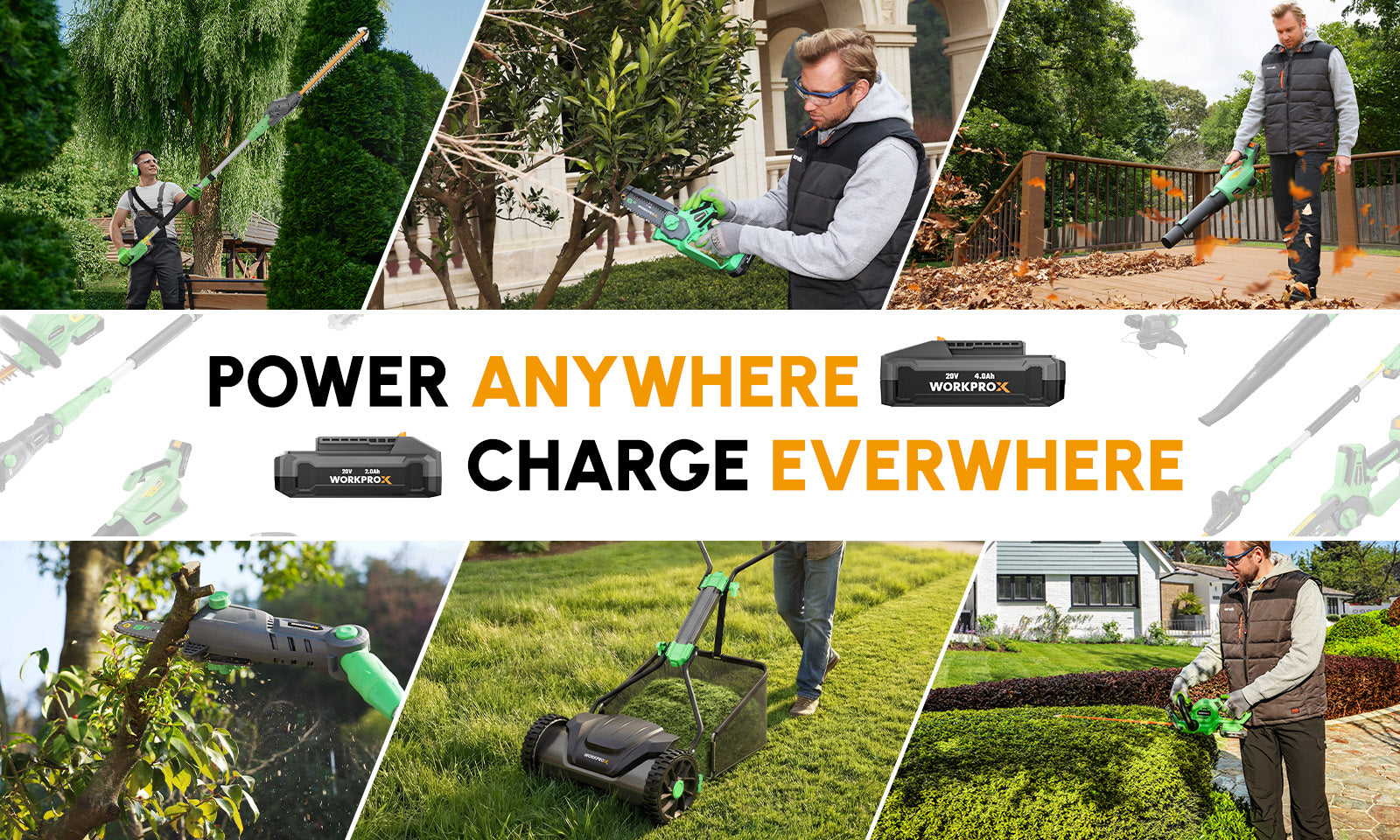 Gardening tools collage with a cordless hedge trimmer and lawn mower, showing innovation and quality