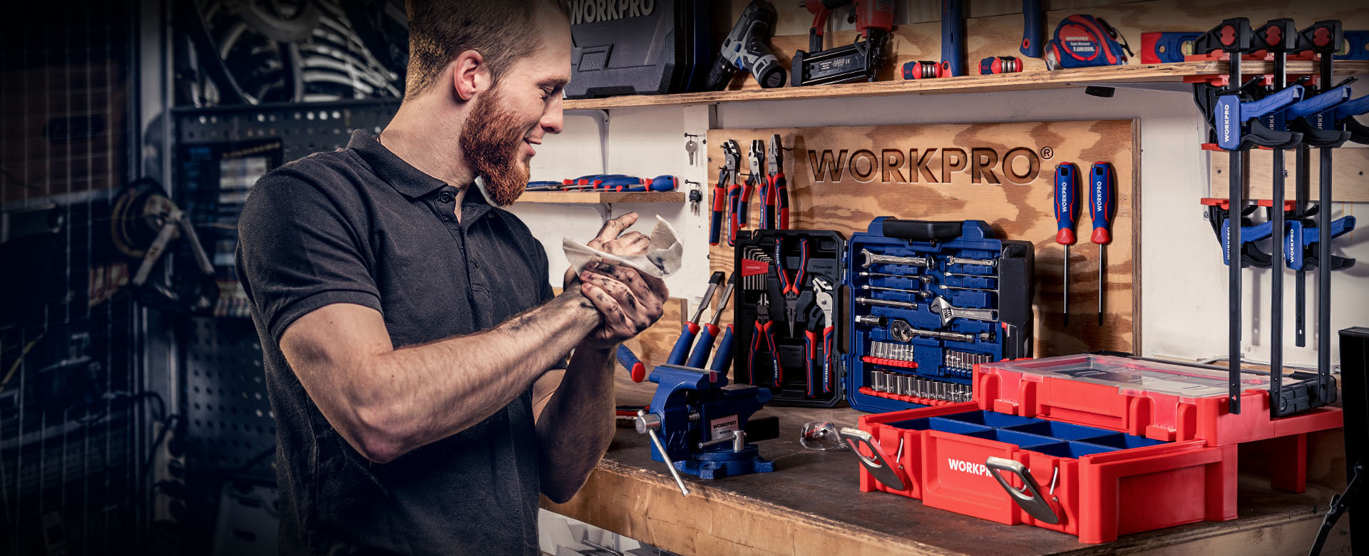 Workshop scene with a technician using a tool beside a Workpro tool chest, showing innovation and quality