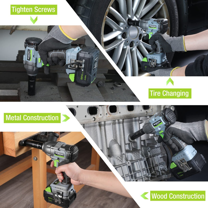WORKPRO 1/2 inch, 20V Cordless Impact Wrench, with 4.0 Ah Battery, Fast Charger, 4 Impact Sockets and Storage Case