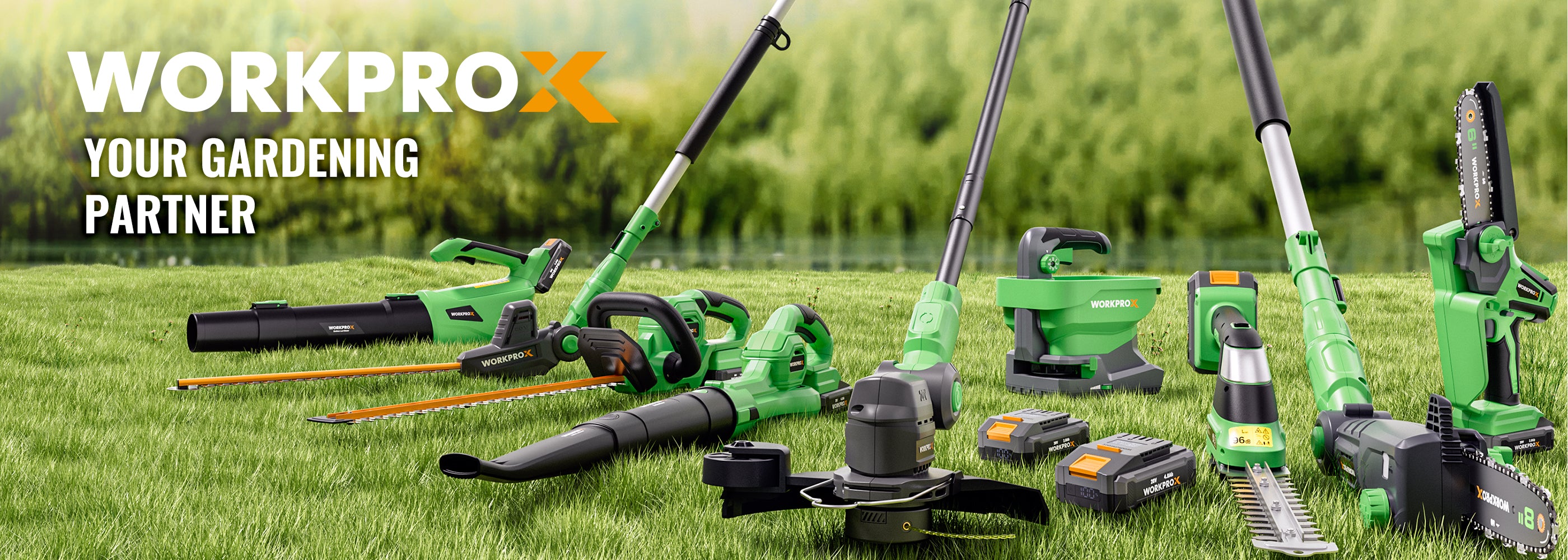Green cordless garden tools with batteries and chargers on grass, with innovation and quality shown in branding