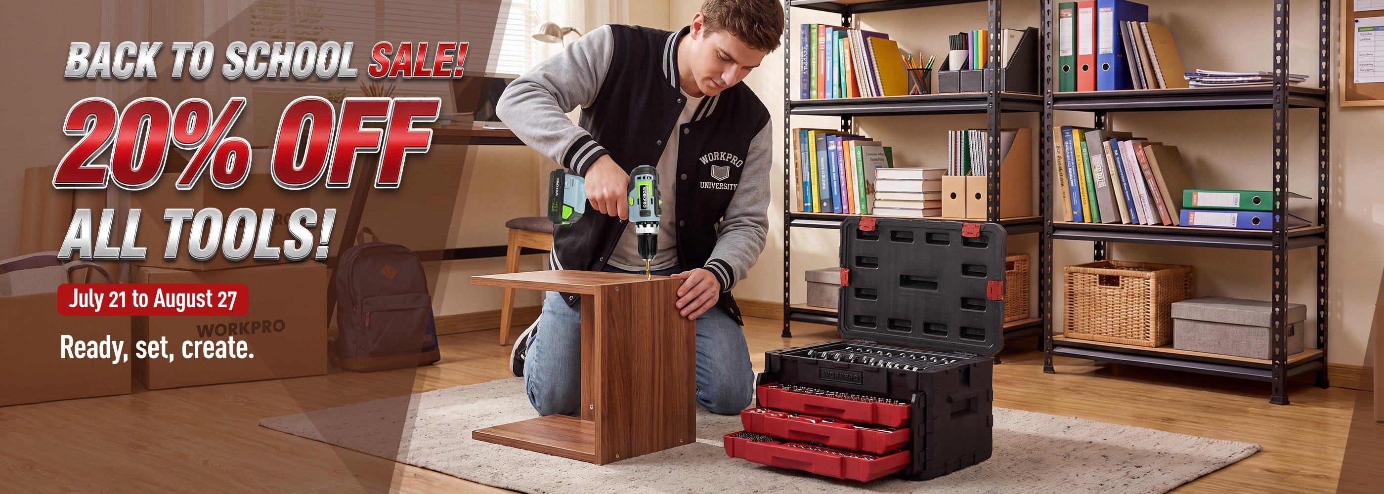 Workshop innovation and quality tools, with a person drilling wood beside shelves of books and binders