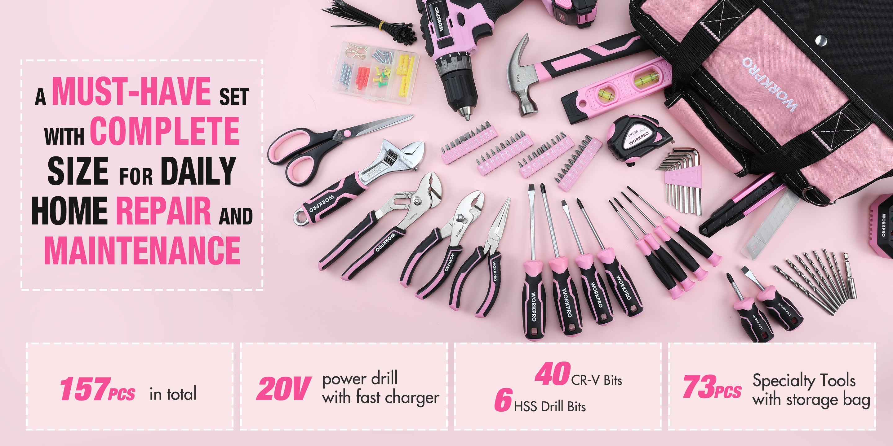 Tool kit set with pink and black tools, innovation and quality, for home repair and maintenance