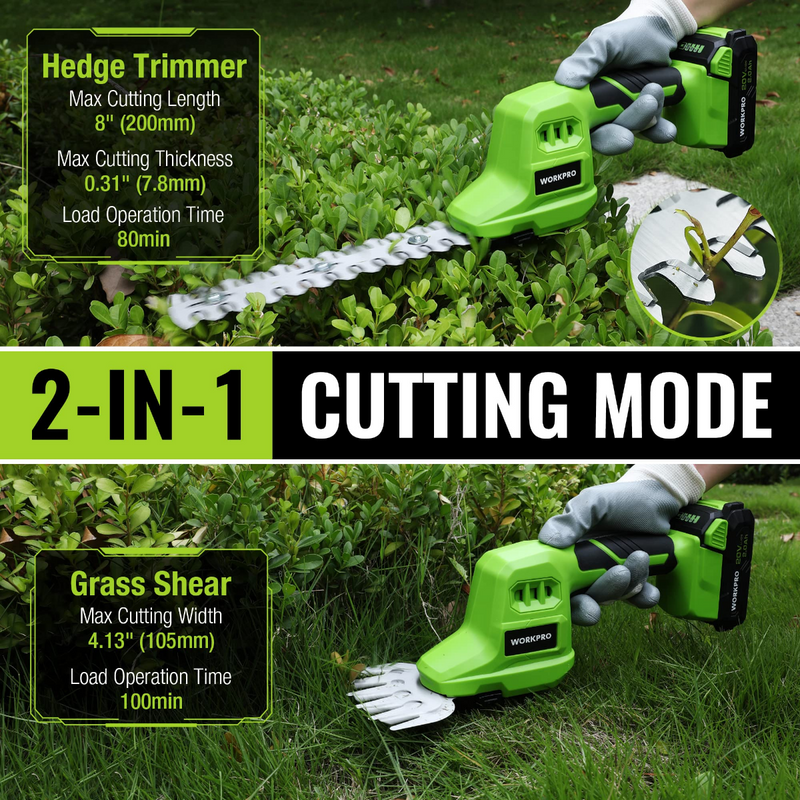 WORKPRO 2 in 1 20V Electric Cordless Grass Hedge Shear & Handheld Shrubbery Trimmer, with 2.0Ah Rechargeable Lithium-Ion Battery and 1 Hour Fast Charger
