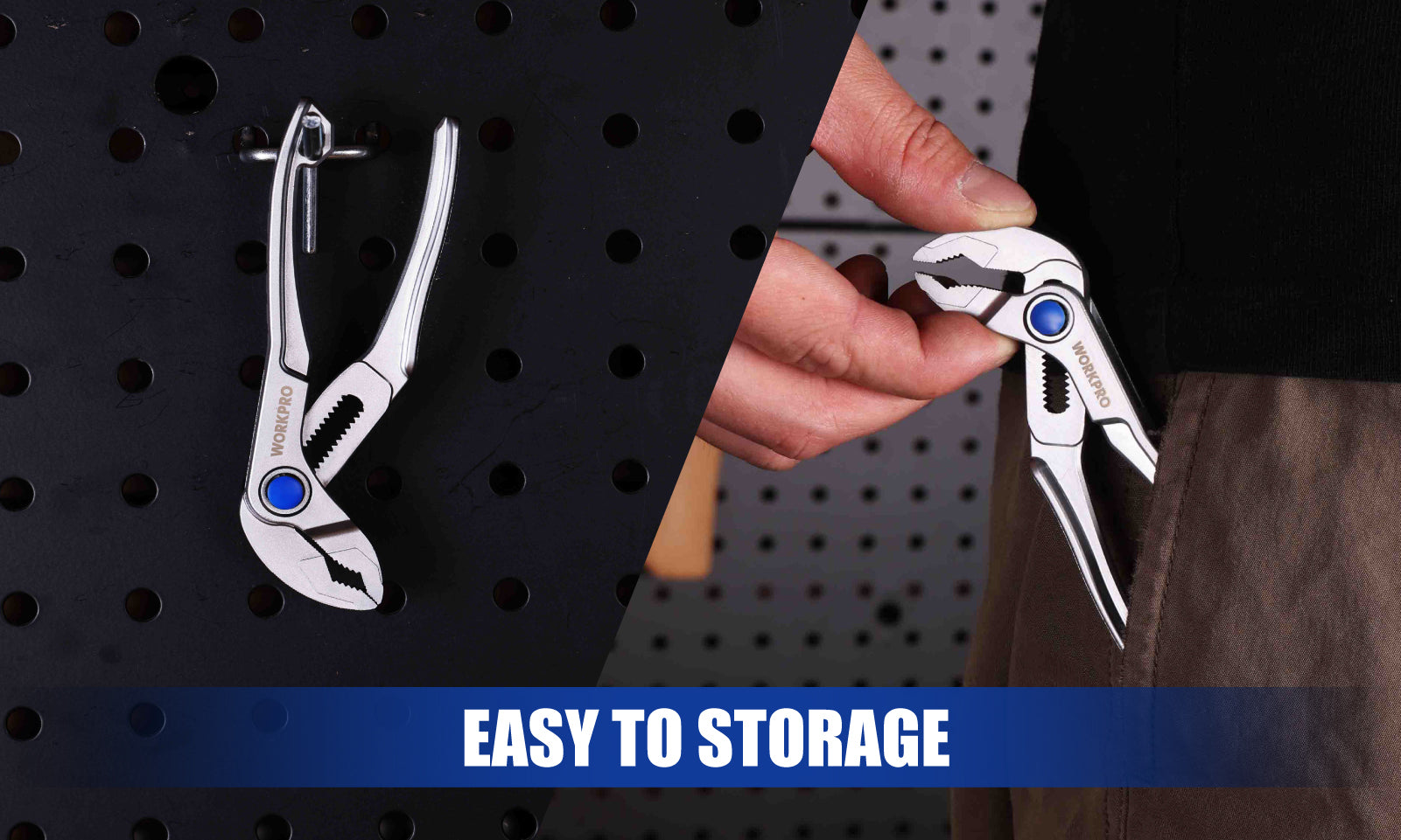 Multi tool with blue accents in hands, showing innovation and quality on a dark perforated background