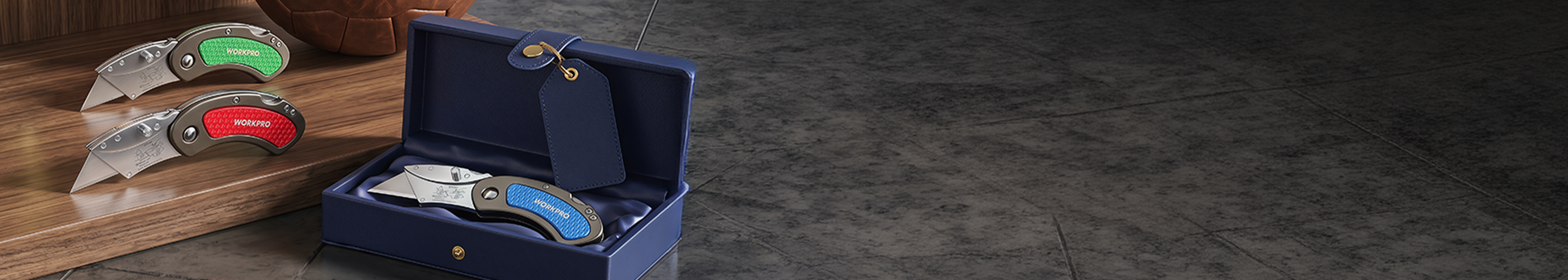 Tool set with folding knives in a blue case, showing innovation and quality with secure, durable, convenient storage