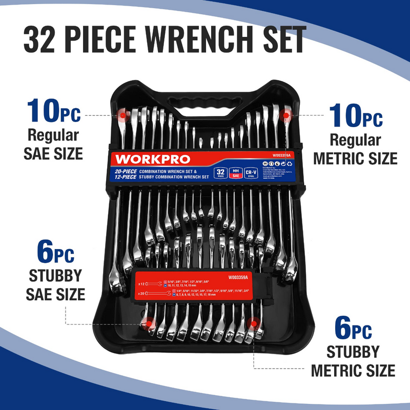 WORKPRO 32 Pcs SAE & Metric Combination 12 PT Regular and Stubby Wrench Set