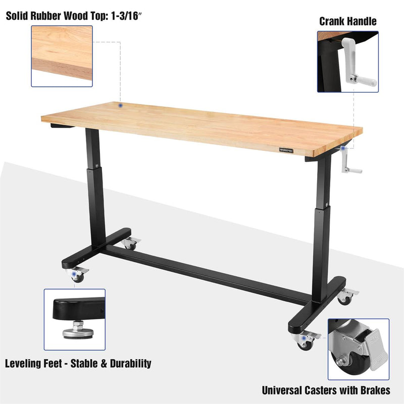 WORKPRO 48"/60" Height Adjustable Work Table with Crank Handle, with Casters and Leveling Feet, 500 Lbs Load Capacity