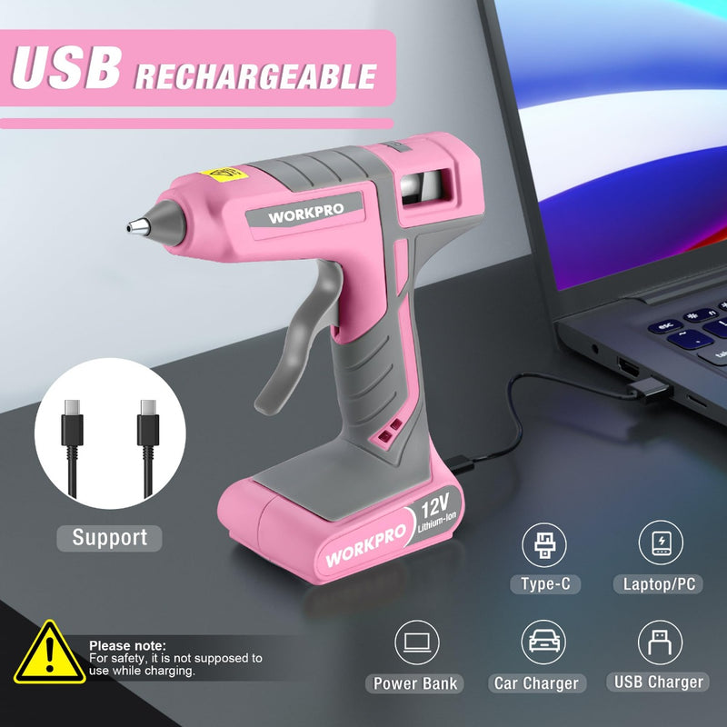 WORKPRO 12V Rechargeable Full Size Cordless Hot Melt Glue Gun-Pink Ribbon