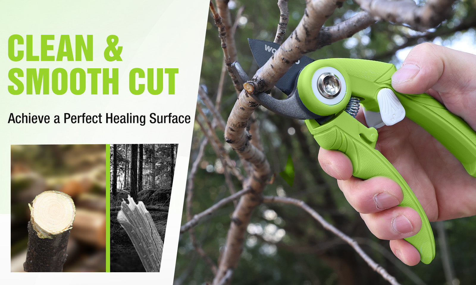 Hand holds a green pruning tool with a blade cutting a branch, with innovation and quality shown in text