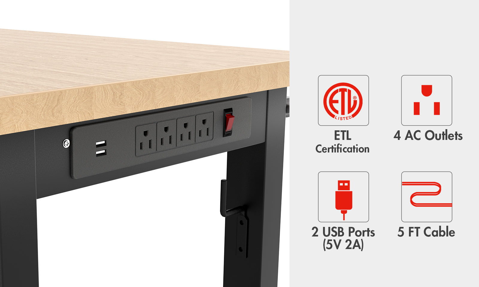Power strip with outlets and 2 USB ports, showing ETL certification and a 5 FT cable, quality and secure