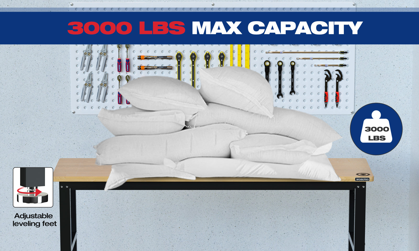 Workbench with tools on pegboard and stacked white sandbags, labeled 3000 LBS MAX CAPACITY