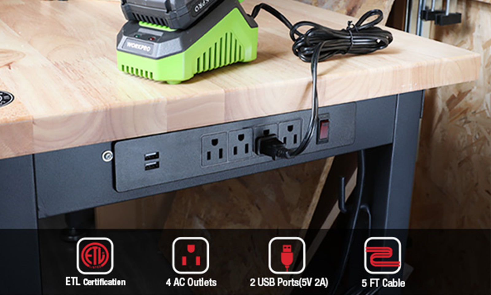 Power strip on a wooden workbench with 4 AC outlets, 2 USB ports, and ETL certification icons