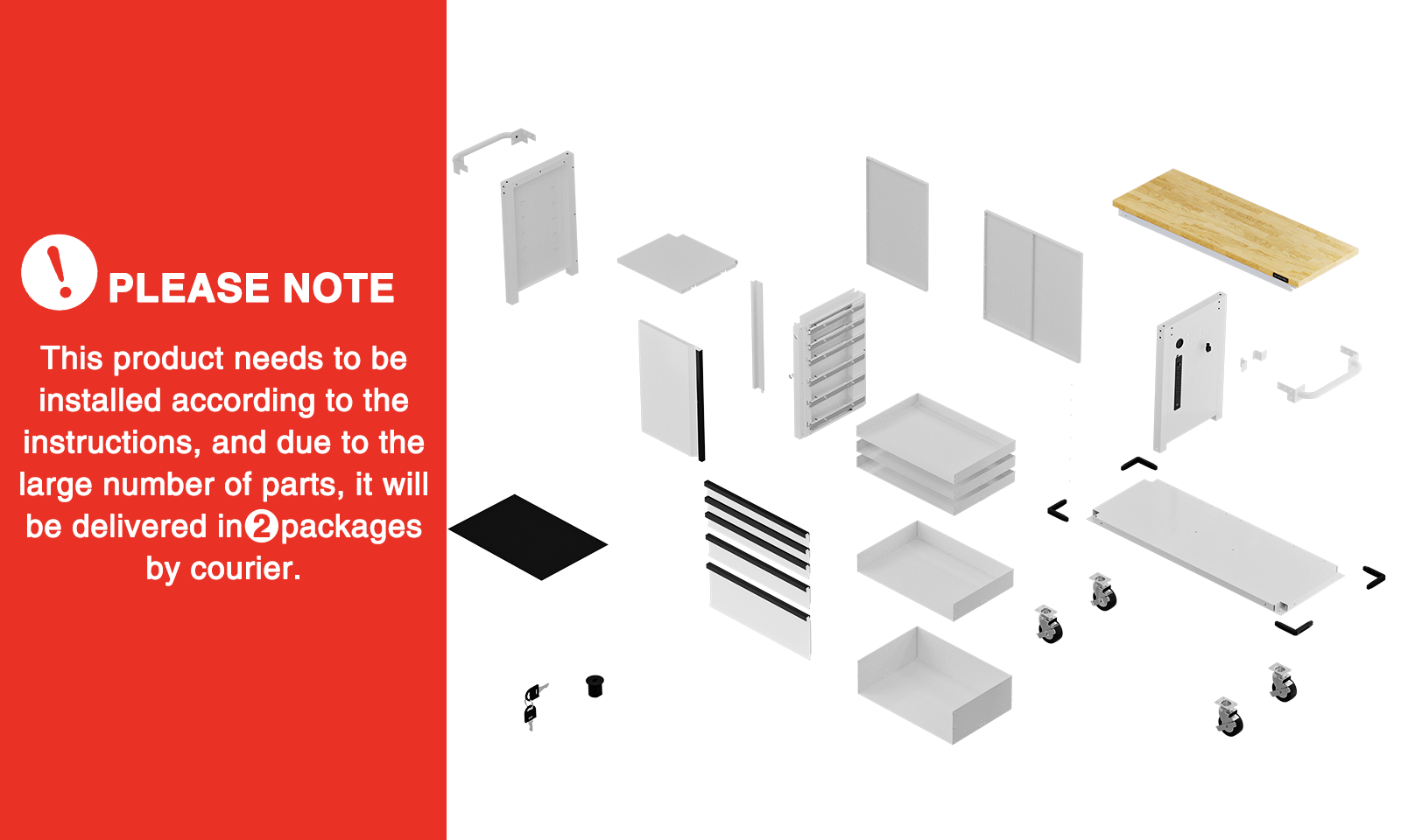 Wall cabinet parts diagram with red notice Please note, needs installation, delivered in 2 packages by courier