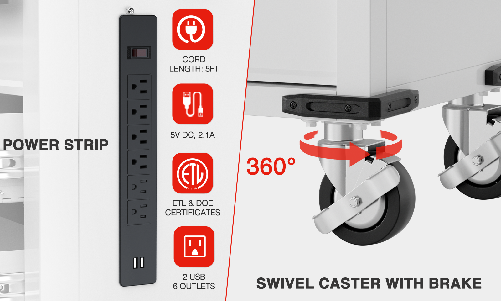 Power strip with 5FT cord length, 2 USB and 6 outlets, and swivel caster with brake, 360 degrees