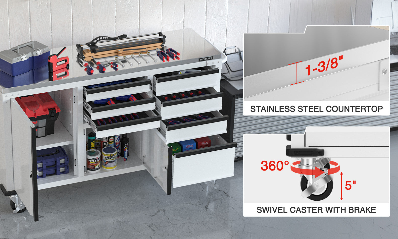 Workbench tool cabinet with stainless steel countertop, 1-38 inch measurement, swivel caster with brake