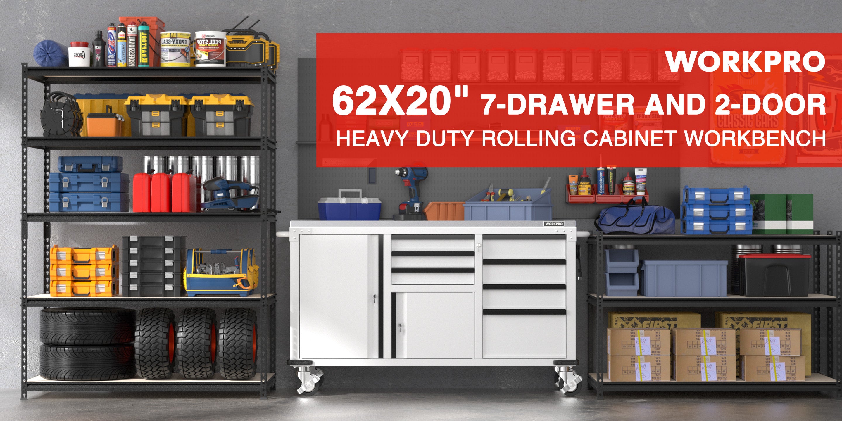 Tool cabinet workbench in a garage with labeled drawers and shelves, showing innovation and quality