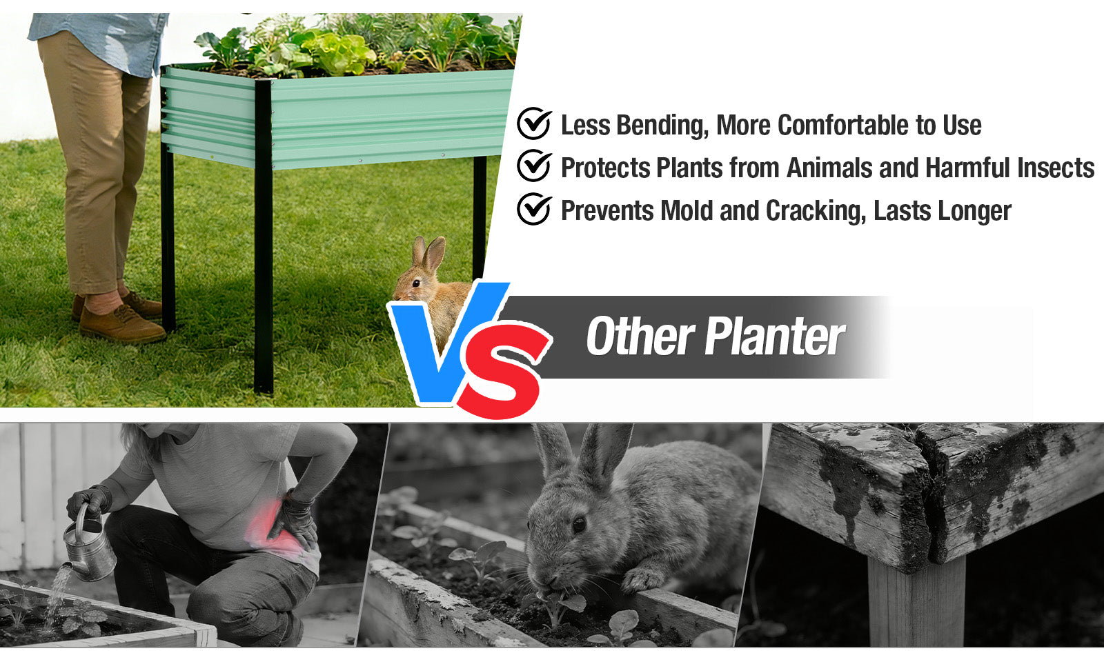 Garden planter with grass, rabbit, and text about innovation, quality, and secure, durable, convenient use