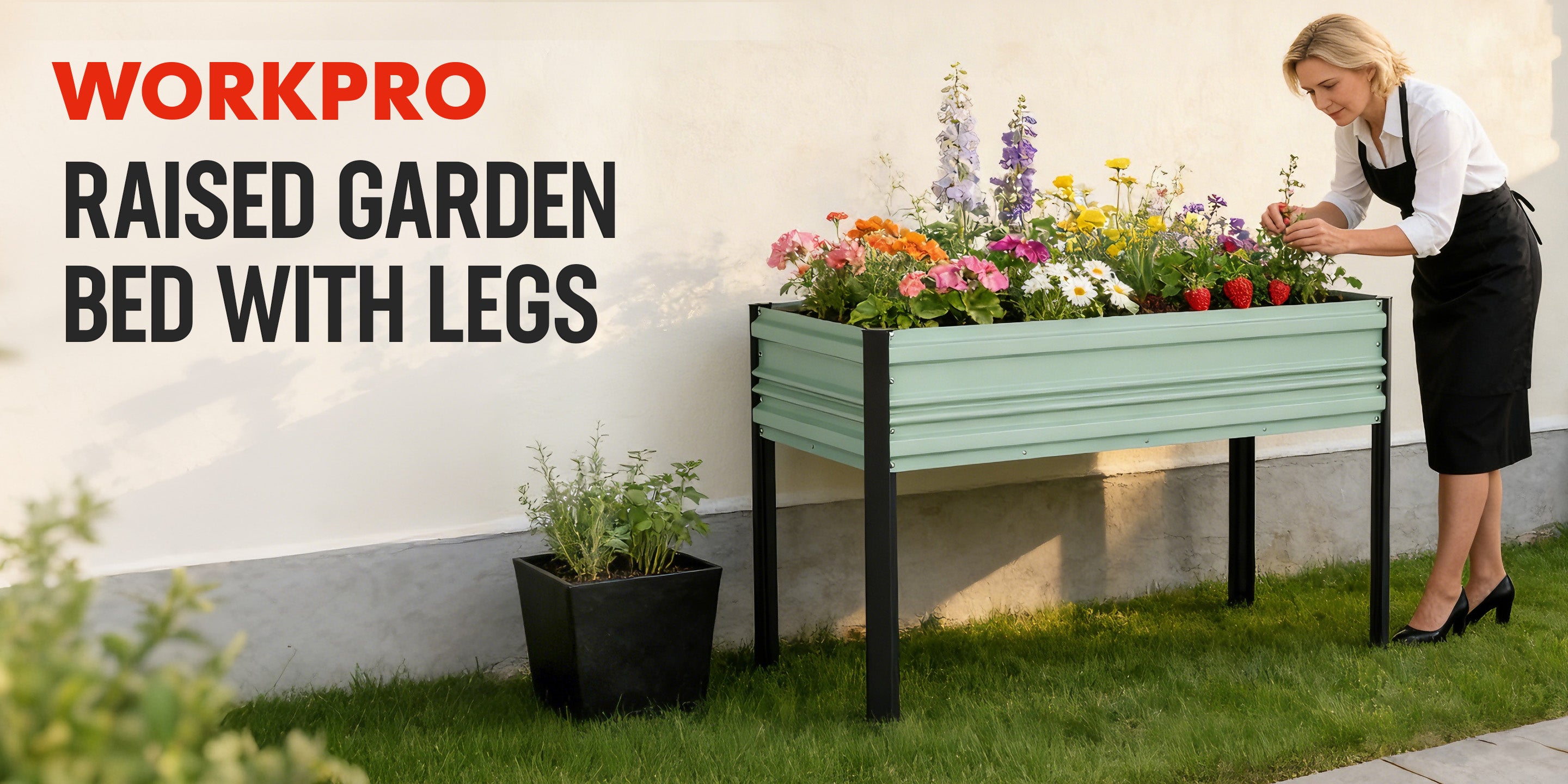 Woman tending flowers in raised garden bed with colorful blooms, text reads WORKPRO RAISED GARDEN BED WITH LEGS