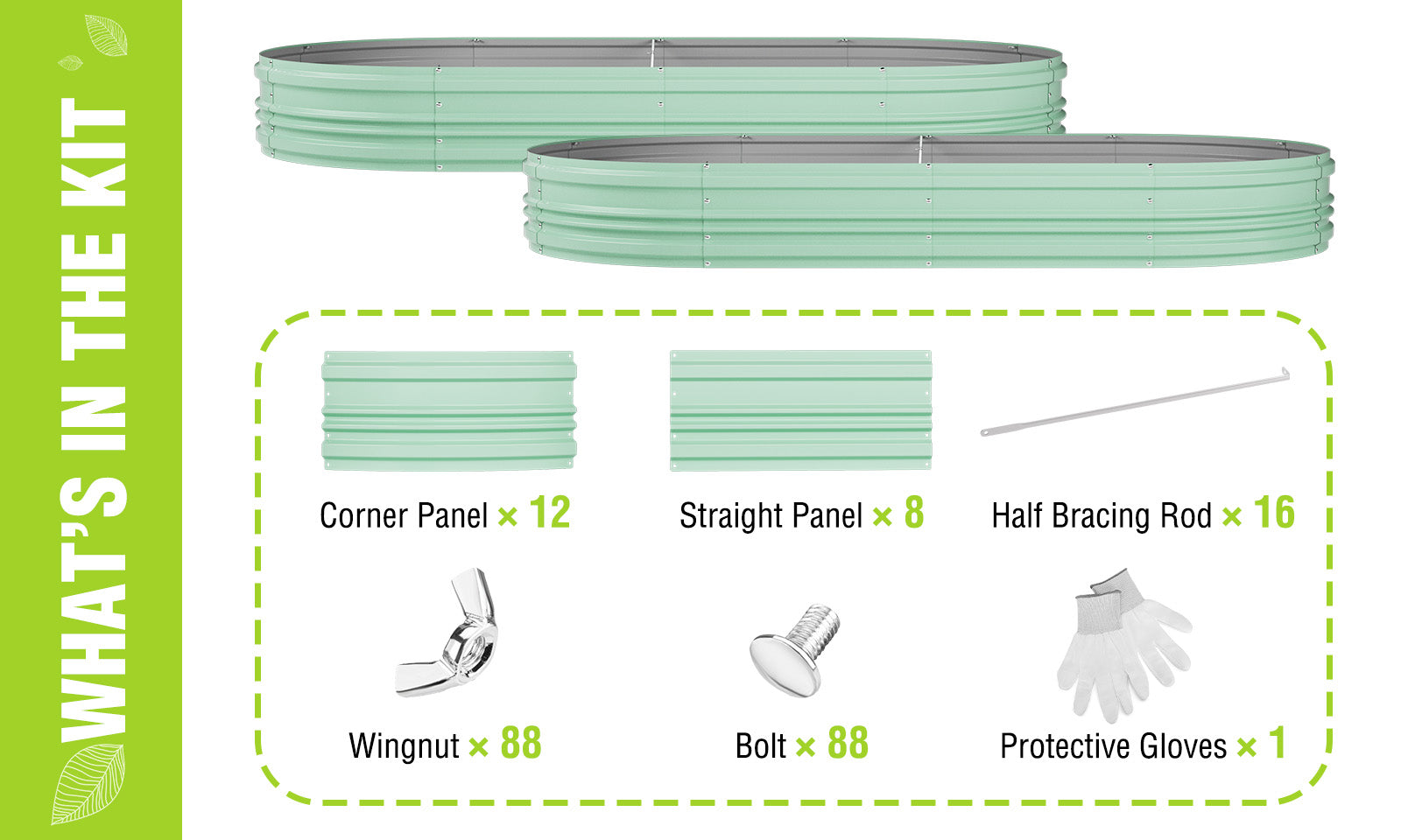 Mint green metal panels and rods with corner panel x12, straight panel x8, wingnut x88, bolt x88