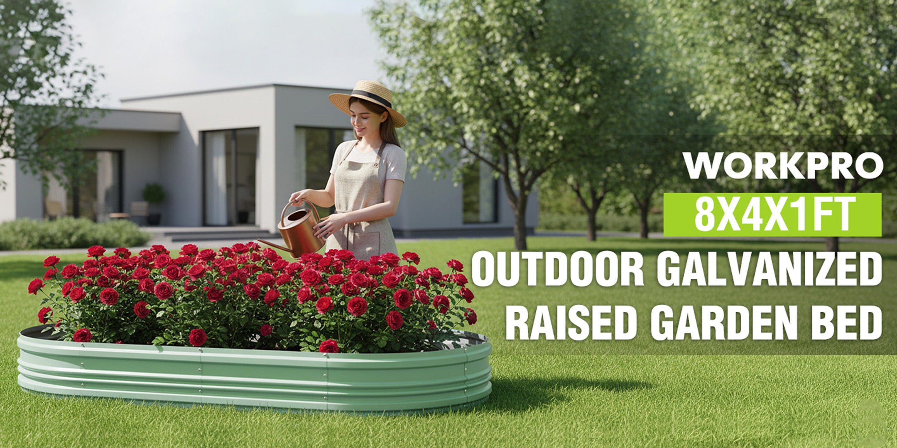 Woman watering a raised garden bed of red roses in a yard, with WORKPRO text and 8x4x1ft size