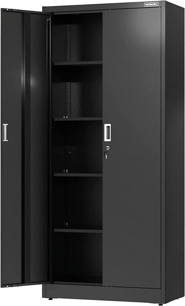 WORKPRO Metal Garage Storage Cabinet with Locking Doors and Adjustable Shelves,71 Inches Tall Storage Cabinet for Tools, Office, Home, Shops (Black), Solid packed (W)