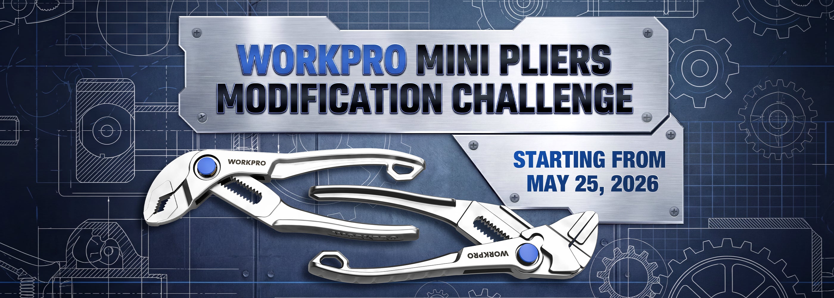 Workpro mini pliers modification challenge banner with innovation and quality text on blue grid background