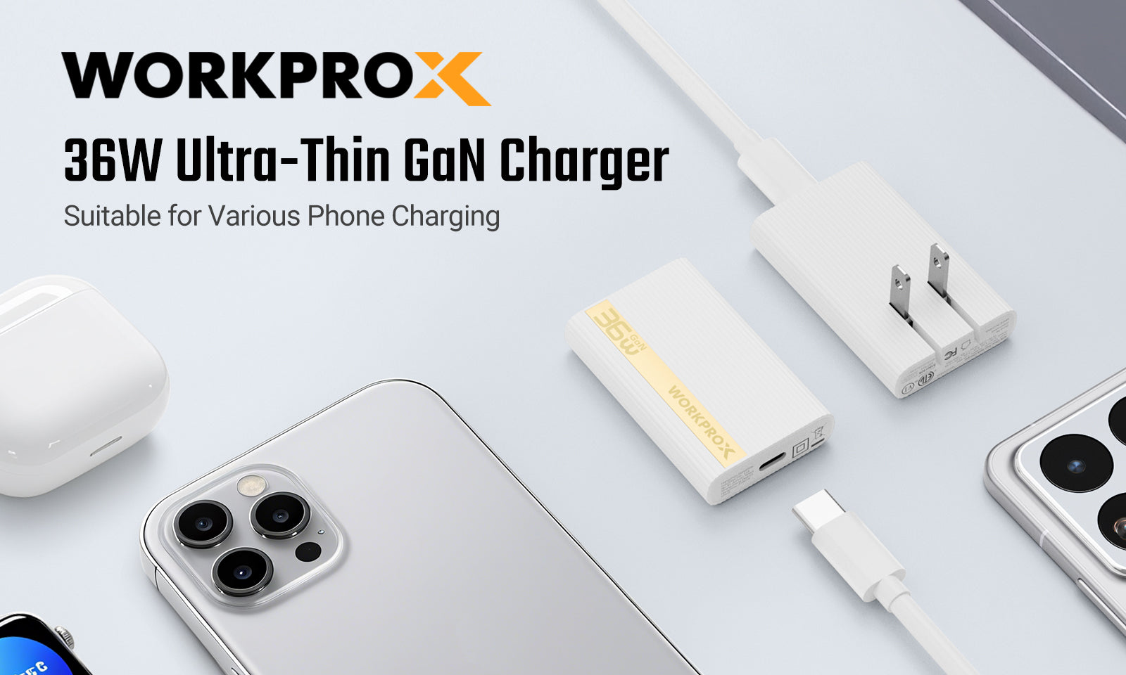 Phone charger adapter and cable on a light background, with innovation and quality text shown