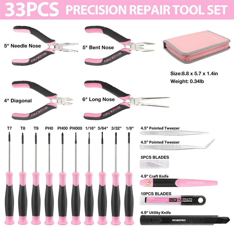 WORKPRO 33 Pcs Precision Repair Tool Set Includes Pliers Set - Pink Ribbon
