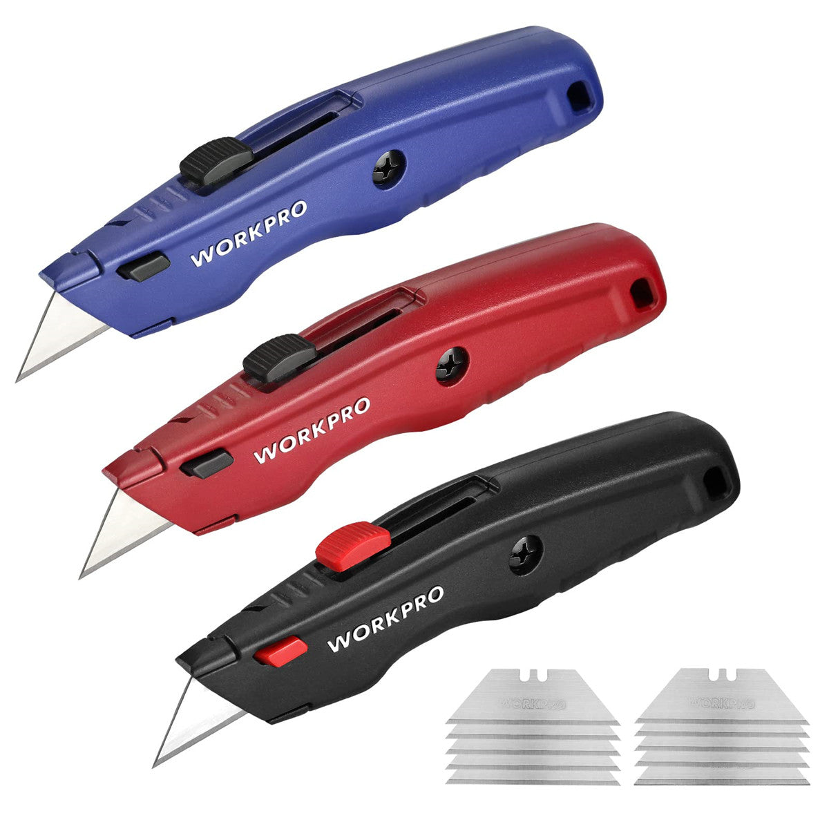 WorkPro Retractable Utility Knife and Self Retracting Safety Box Cutter 2 in 1 with 2 Extra Blades Included