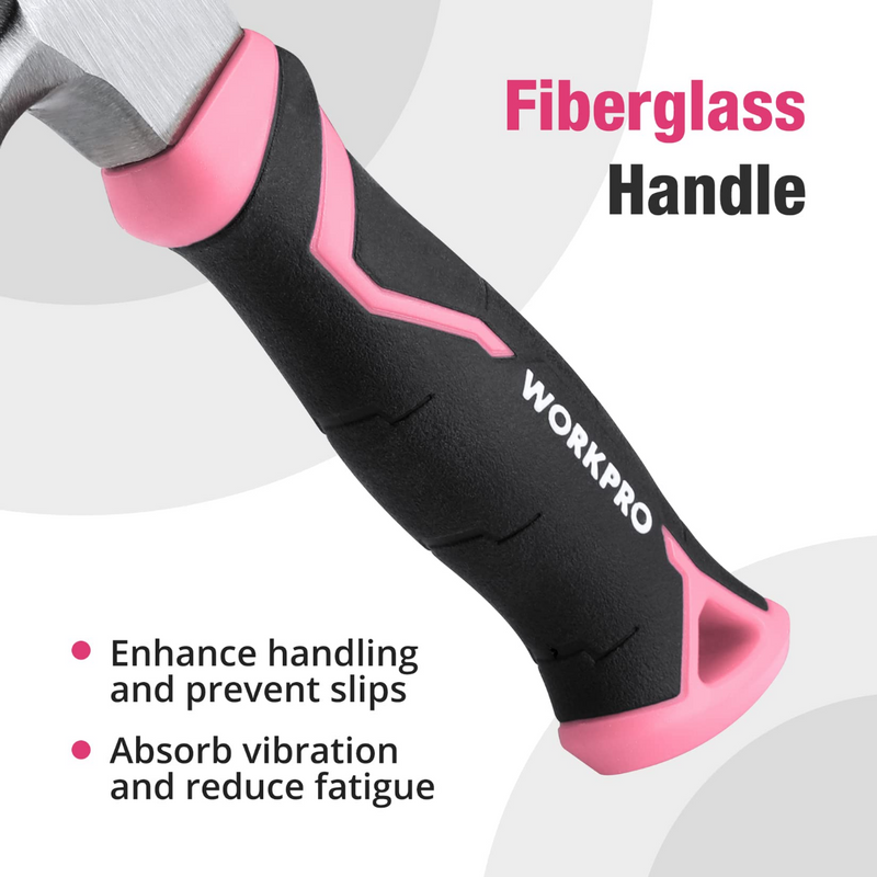 WORKPRO 8 oz Claw Hammer with Fiberglass Handle - Pink Ribbon