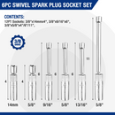 WORKPRO 6 Pcs-9/16-inch, 5/8-inch, 13/16-inch, 14MM Thin Wall Sockets with 4, 6, 11-inch Extensions Magnetic Swivel Spark Plug Socket Set