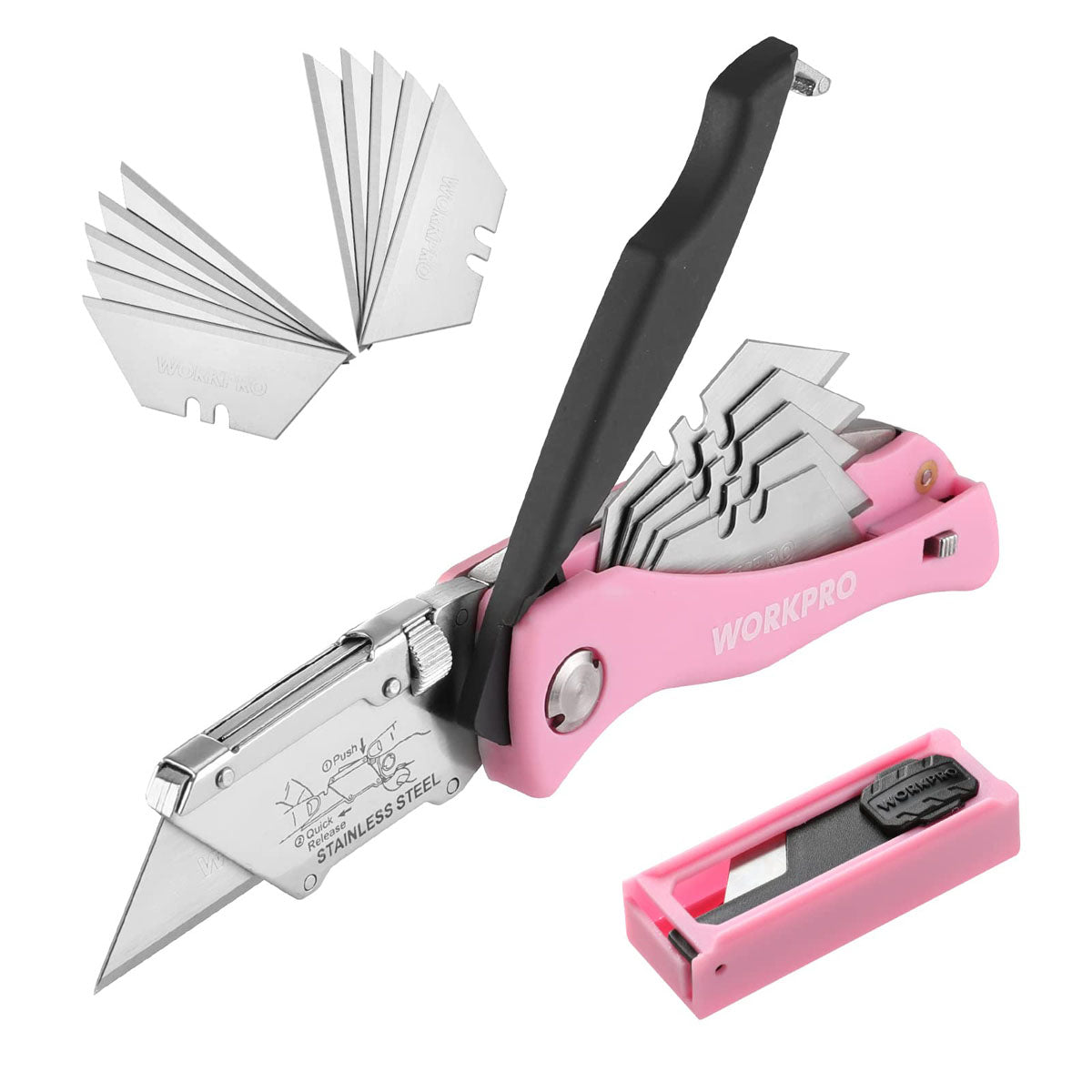 WORKPRO Folding Utility Knife, Quick Change Box Cutter, Pink Razor Kn