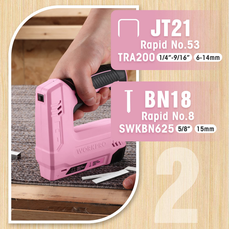 WORKPRO 3.6V 2.0Ah Battery Powered Electric Cordless 2-in-1 Staple and Nail Gun - Pink Ribbon
