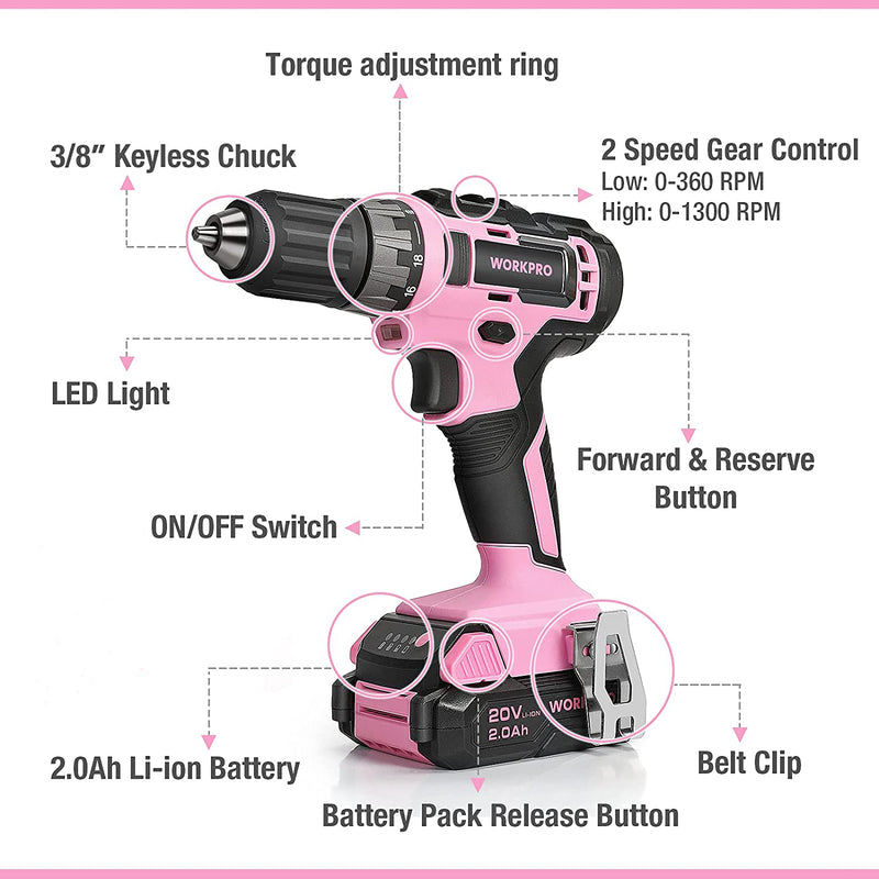 WORKPRO 20V Pink Cordless Drill Driver Set with Fast Charger and 11-inch Storage Bag Included - Pink Ribbon