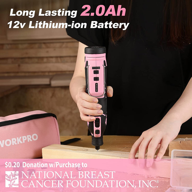 WORKPRO Pink 12V Cordless Rotary Tool Kit, 5 Variable Speeds, 114 Easy Change Accessories - Pink Ribbon