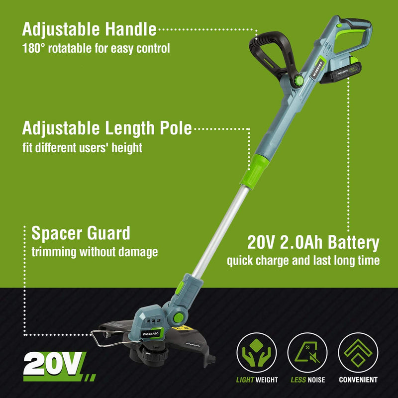 WORKPRO 20V Cordless String Trimmer / Edger 12-inch with 2Ah Lithium-Ion Battery 1 Hour Quick Charger 16.4ft Trimmer Line Included