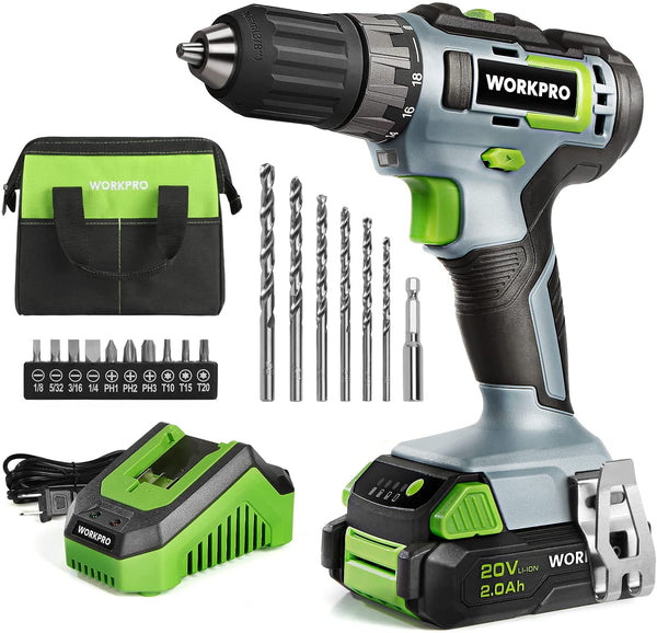 WORKPRO 20V Cordless Drill Driver Kit, 2.0 Ah Li-ion Battery, 1 Hour Fast Charger and 11-inch Green Storage Bag Included