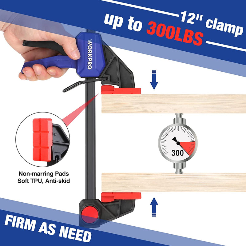 WORKPRO 2 Pcs 12” Bar Clamps for Woodworking, Medium Duty 300lbs One-Handed Clamp/Spreader
