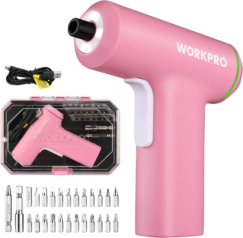 WORKPRO Electric Cordless 4V USB Rechargeable Lithium-ion Battery Screwdriver Set - Pink Ribbon