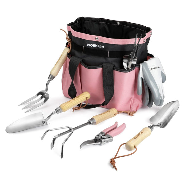WORKPRO Pink Garden Tools 7 Pcs Set, Stainless Steel Heavy Duty Gardening Tools - Pink Ribbon