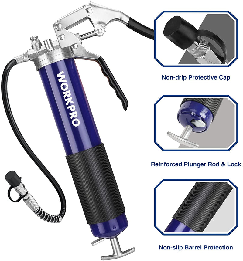 WORKPRO Pistol Grip Grease Gun Set, with 18inch Flexible Hose, 2 Fixed Tubes, 3 Nozzles Included, 14oz Load, 4000 PSI