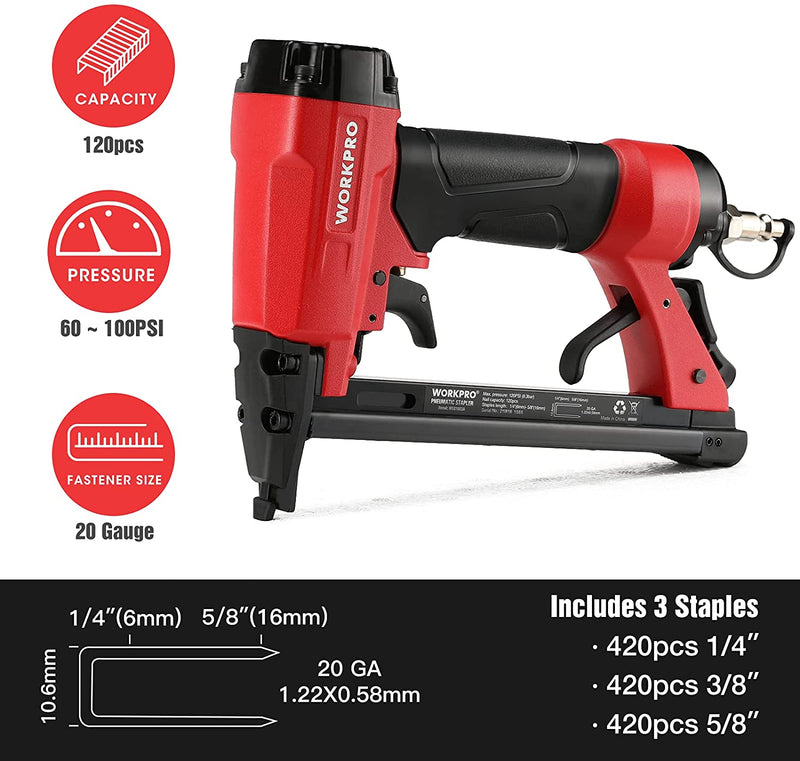 WORKPRO Pneumatic 20 Gauge Staple Gun for Carpentry Woodworking and DIY Projects