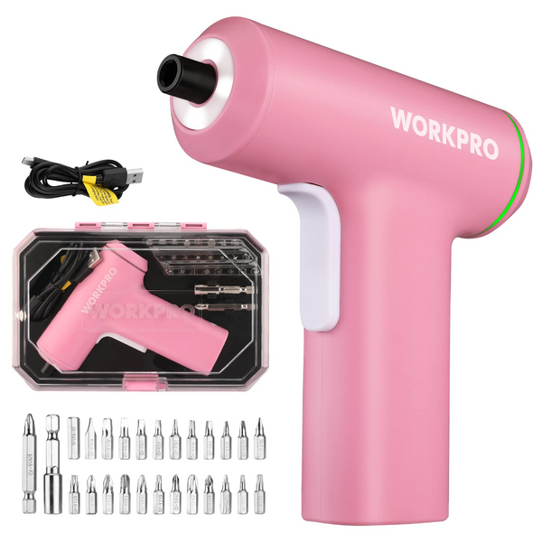 WORKPRO Electric Cordless 4V USB Rechargeable Lithium-ion Battery Screwdriver Set - Pink Ribbon