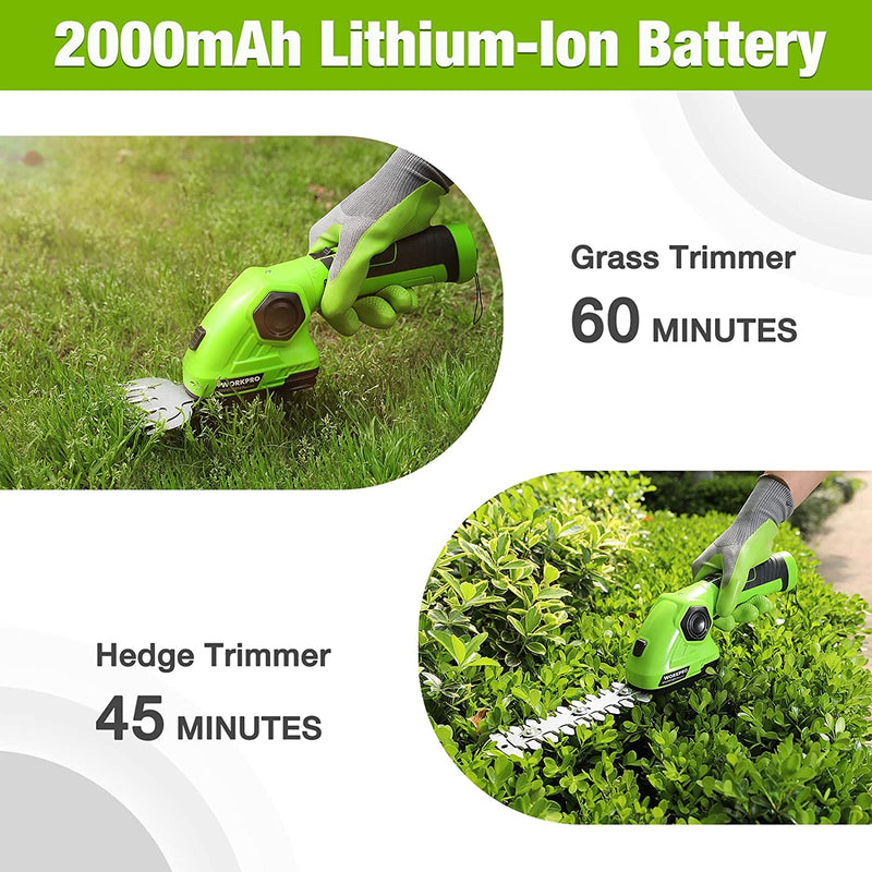 WORKPRO Cordless Grass Shear & Shrubbery Trimmer 2 in 1 Handheld Hedge Trimmer 7.2V Electric Grass Trimmer Hedge Shears