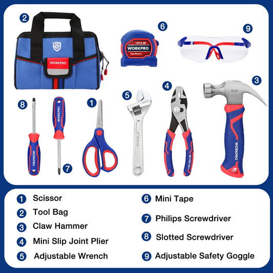 WORKPRO 9 Pcs Kids Junior Tool Set with Tool Bag, Pink/Blue - Pink Ribbon