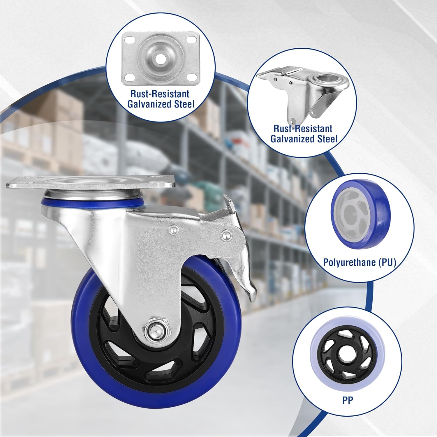 Industrial swivel caster with brake, blue PU wheel, rust-resistant galvanized steel frame