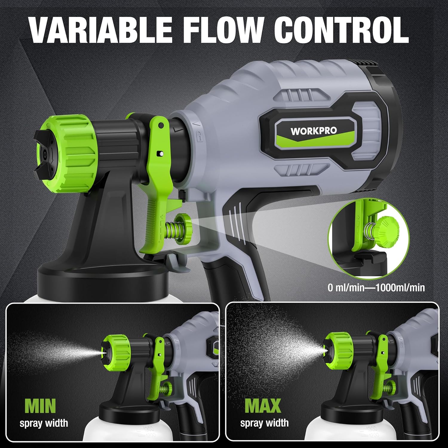 HVLP paint sprayer with adjustable flow control, green nozzle, gray body, black stand base.