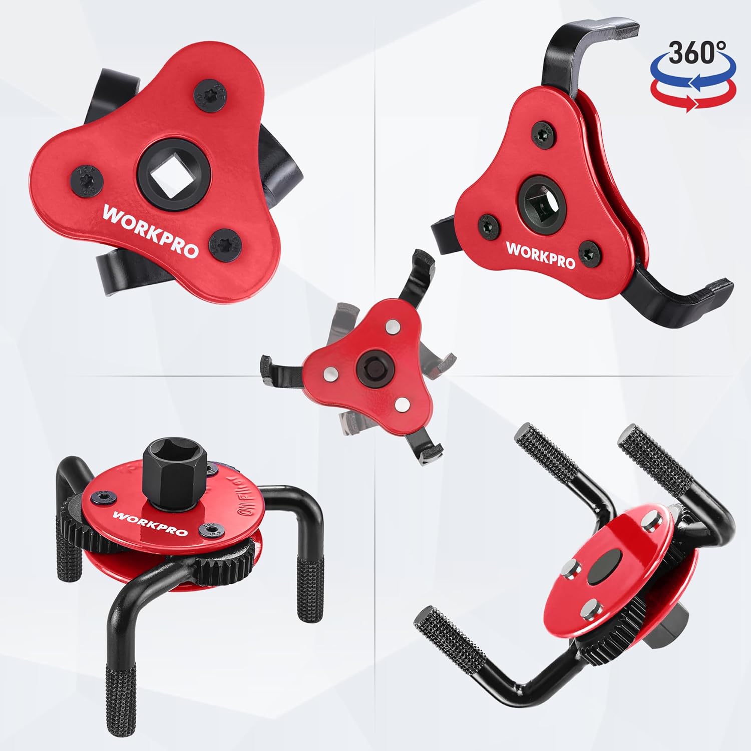 Red universal oil filter wrench with 360° rotation and black textured grip pads