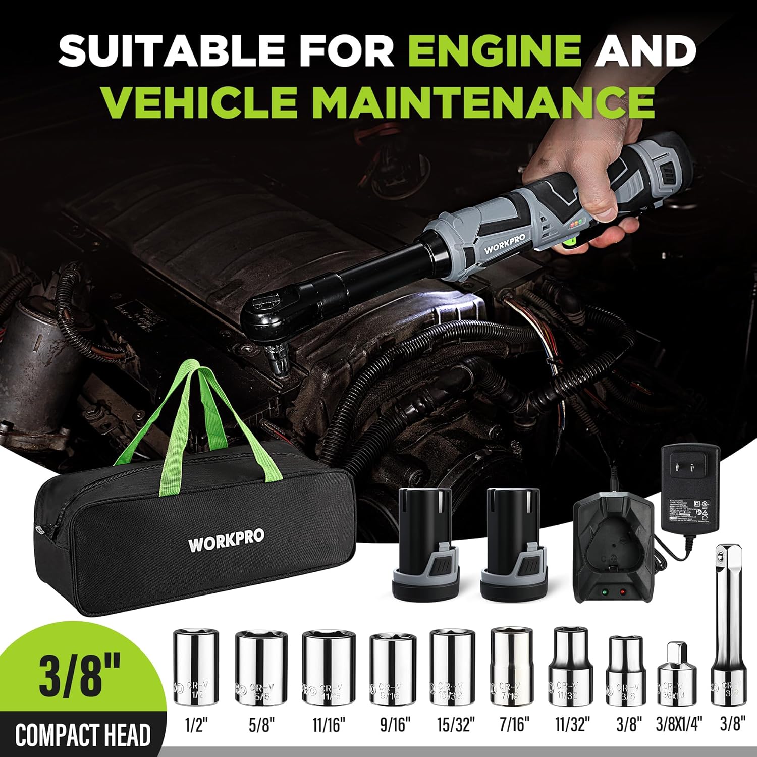 WORKPRO cordless power ratchet wrench kit with carry bag, battery chargers, and sockets