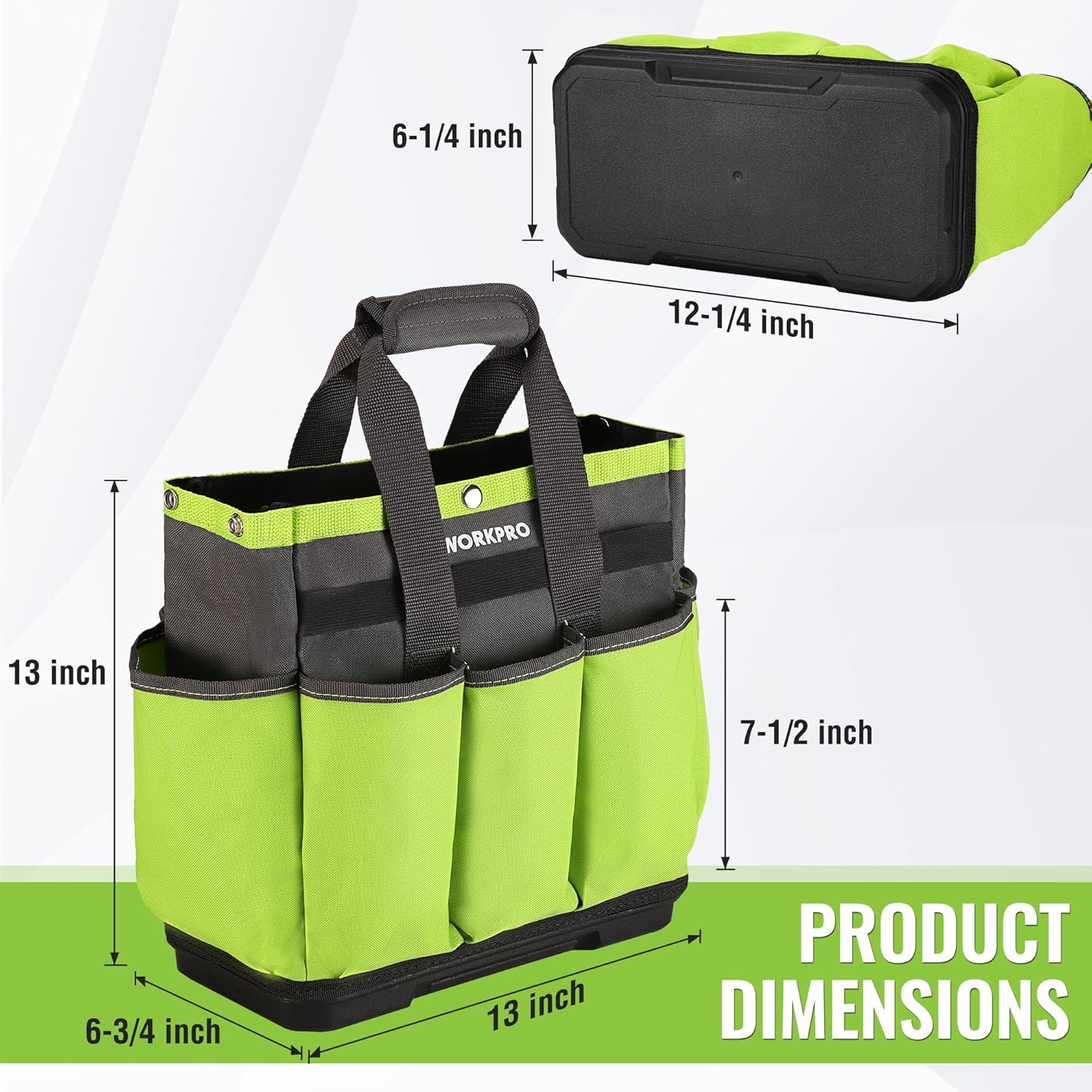 Green and black garden tool tote with eight pockets and reinforced waterproof base.